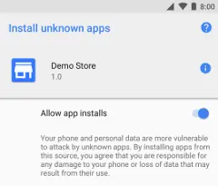 Android Install unknown apps settings screen showing the Allow app installs switch.